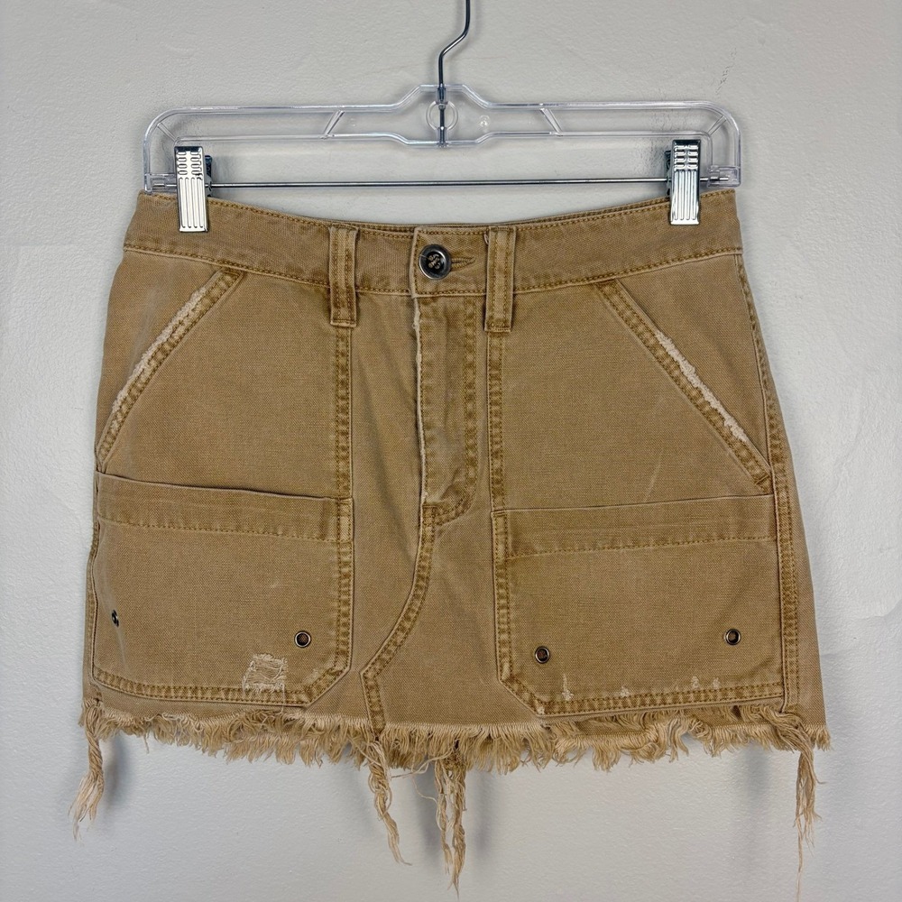 Free People Canvas Relaxed Denim Mini Skirt Taupe Y2K‎ Grunge Casual Gorpcore 25 - Picture 2 of 9